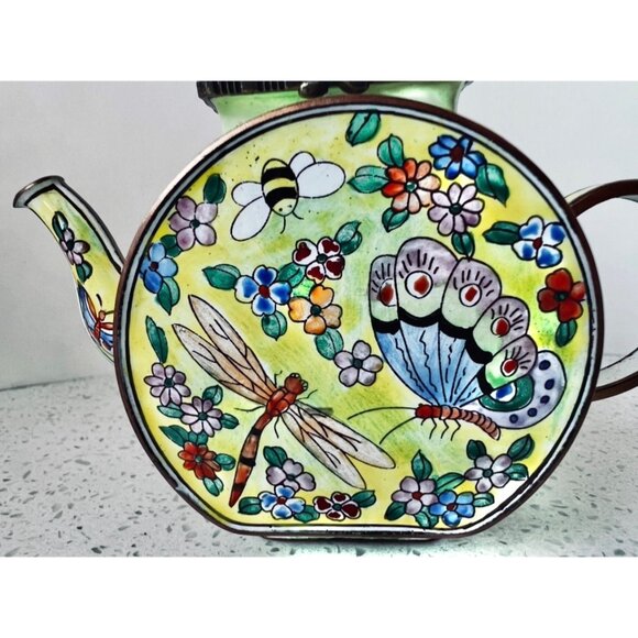 Signed Kelvin Chen Cloisonné Enamel Mini Teapot Butterfly & Dragonfly Design COA - Picture 3 of 11